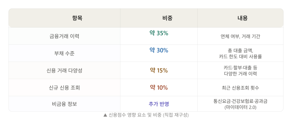 신용점수에 영향을 미치는 주요 요소 및 비중