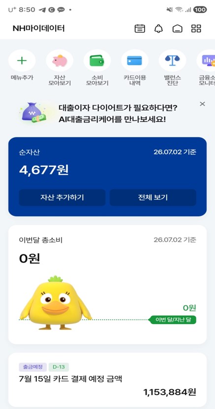 NH마이데이터 메인화면 순자산 및 총소비 조회