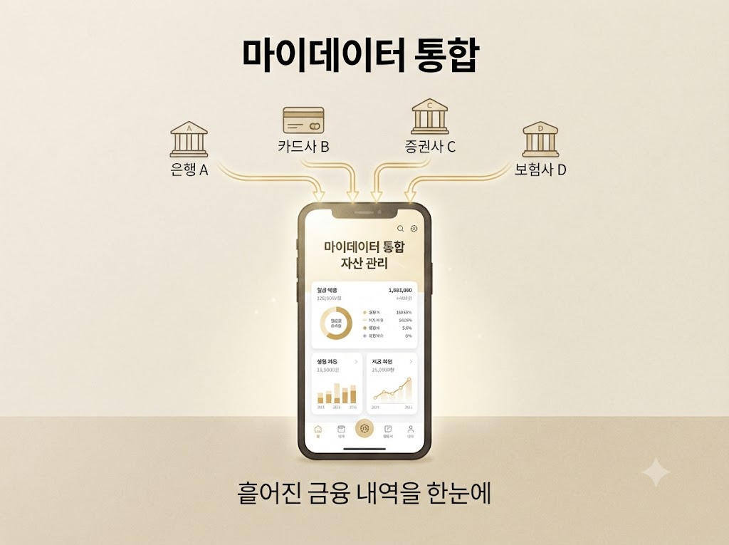 월급 인상, 여러 은행 소비 내역이 하나로 통합되는 마이데이터 개념도