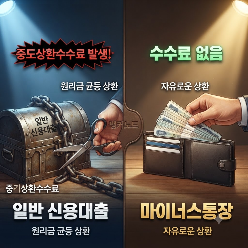 일반 신용대출과 마이너스통장의 중도상환수수료 조건을 비교하는 그림