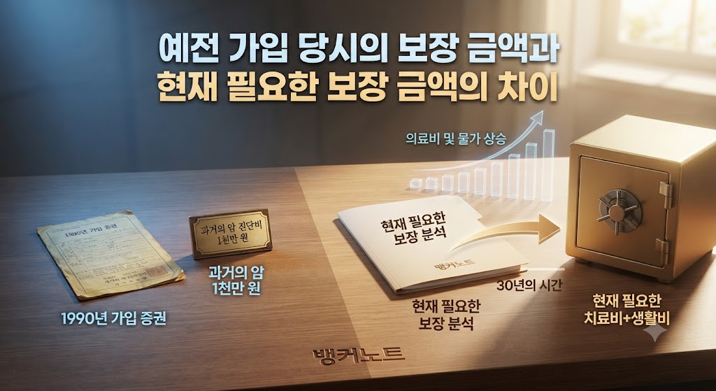 1990년대 가입한 보험의 진단비와 현재 필요한 보장 금액 차이를 보여주는 그림