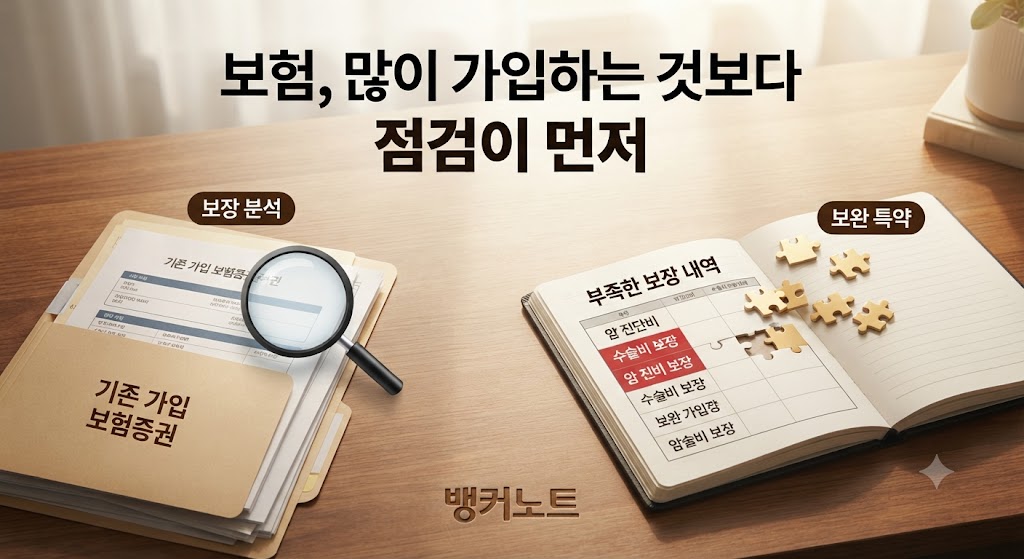 여러 보험의 보장 내용을 한눈에 확인하고 부족한 부분을 특약으로 보완하는 과정을 보여주는 그림