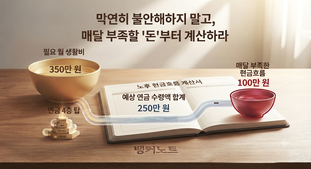 필요한 노후생활비에서 예상 연금수령액을 뺀 월 부족액을 계산하는 방법을 보여주는 그림