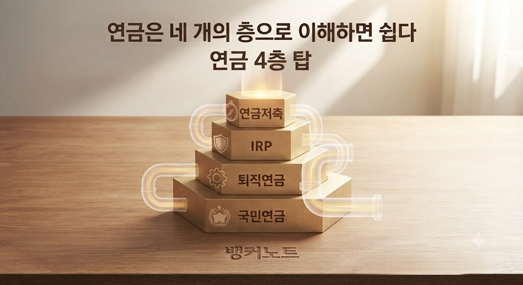 국민연금 퇴직연금 IRP 연금저축 네 개의 층으로 노후자금을 쌓아가는 구조를 보여주는 그림