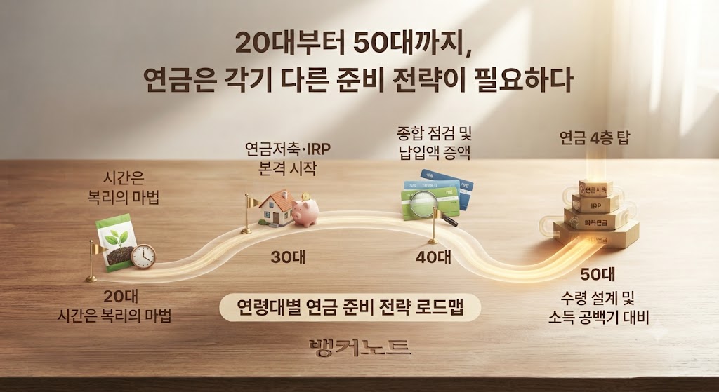 20대부터 50대까지 연령대별 연금 준비 전략을 정리한 로드맵 그림