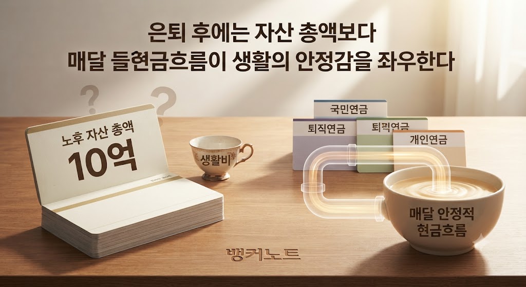 자산총액이 아니라 매달 들어오는 연금 현금흐름이 노후 안정감을 만드는 모습을 보여주는 그림