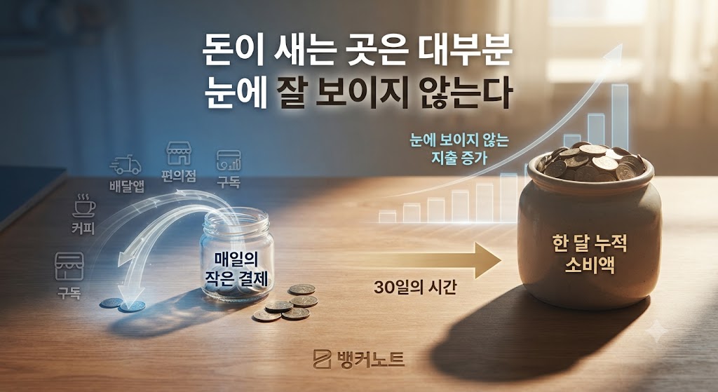 커피 배달 편의점 구독료 등 작은 소비가 한 달간 쌓여 큰 지출이 되는 모습을 보여주는 그림
