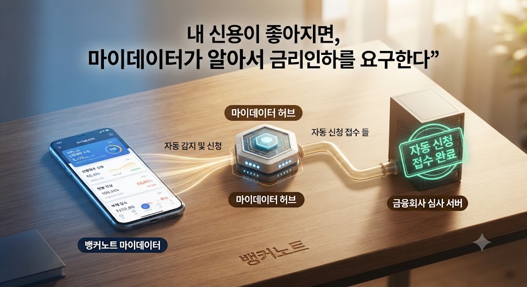 마이데이터 서비스로 신용상태 개선을 분석해 금리인하요구권을 자동으로 신청하는 과정을 보여주는 그림