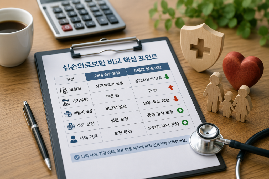 1세대와 5세대 실손보험의 보험료 자기부담 비급여보장 차이를 비교하는 그림