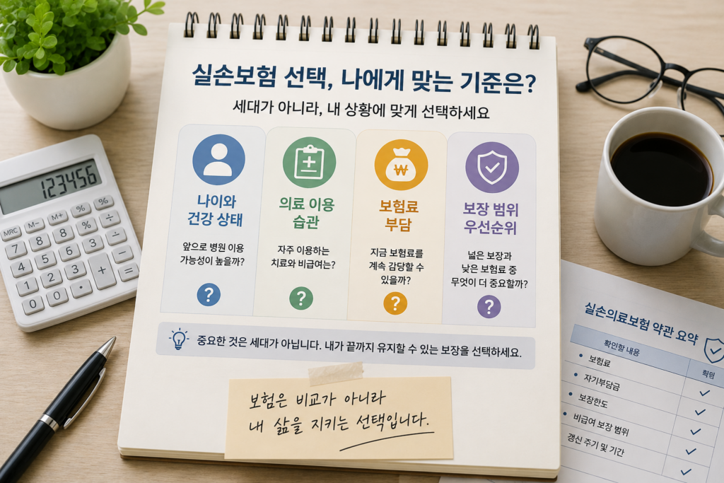 실손보험 전환 전 확인해야 할 네 가지 체크리스트를 보여주는 그림