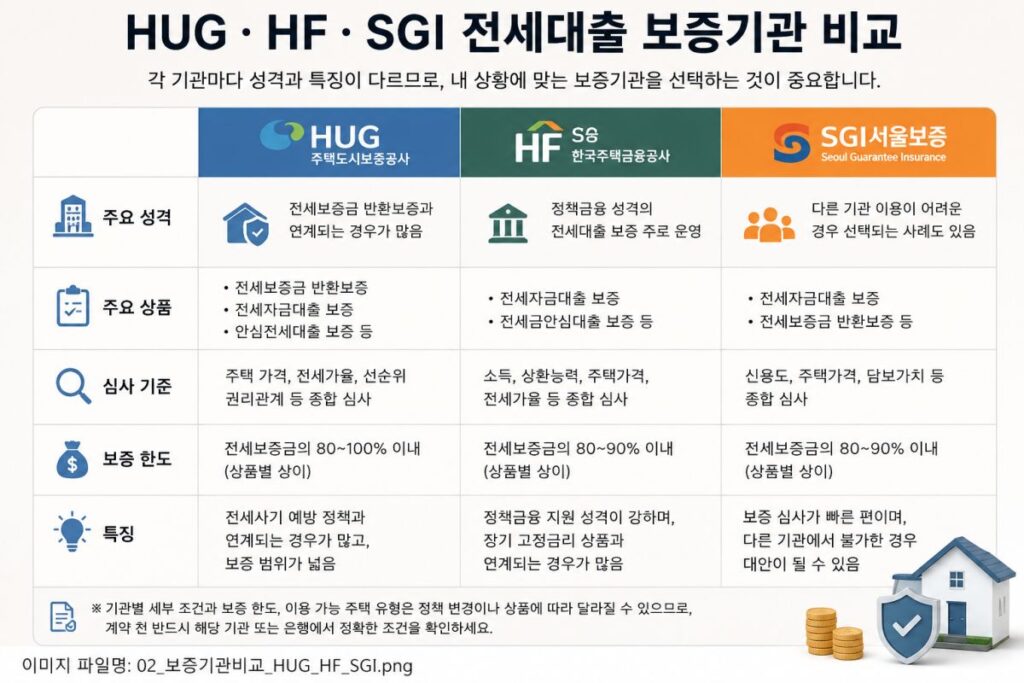 HUG HF SGI 세 보증기관의 역할과 특징을 비교