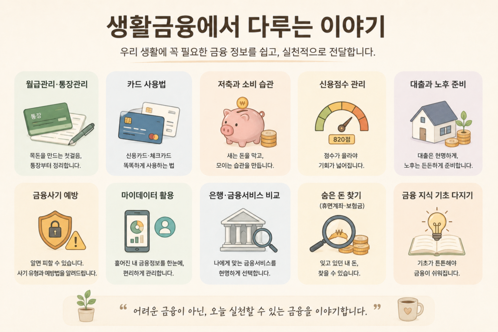 생활금융, 월급관리 통장관리 카드 저축 신용점수 대출 노후 키워드 모음 이미지